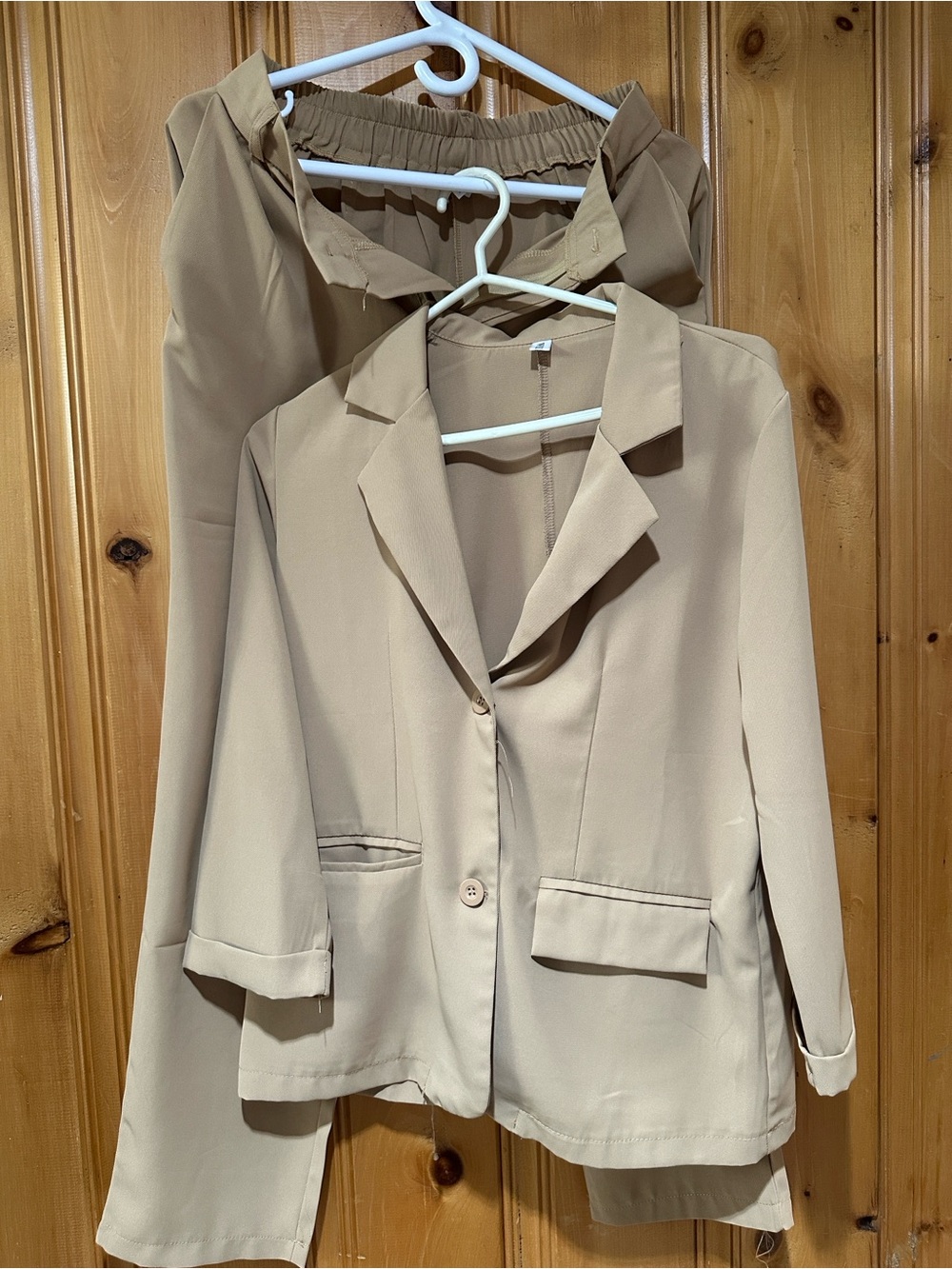 Beige Women's Blazer and Trousers Set - Casual Tailored Jacket & Pants